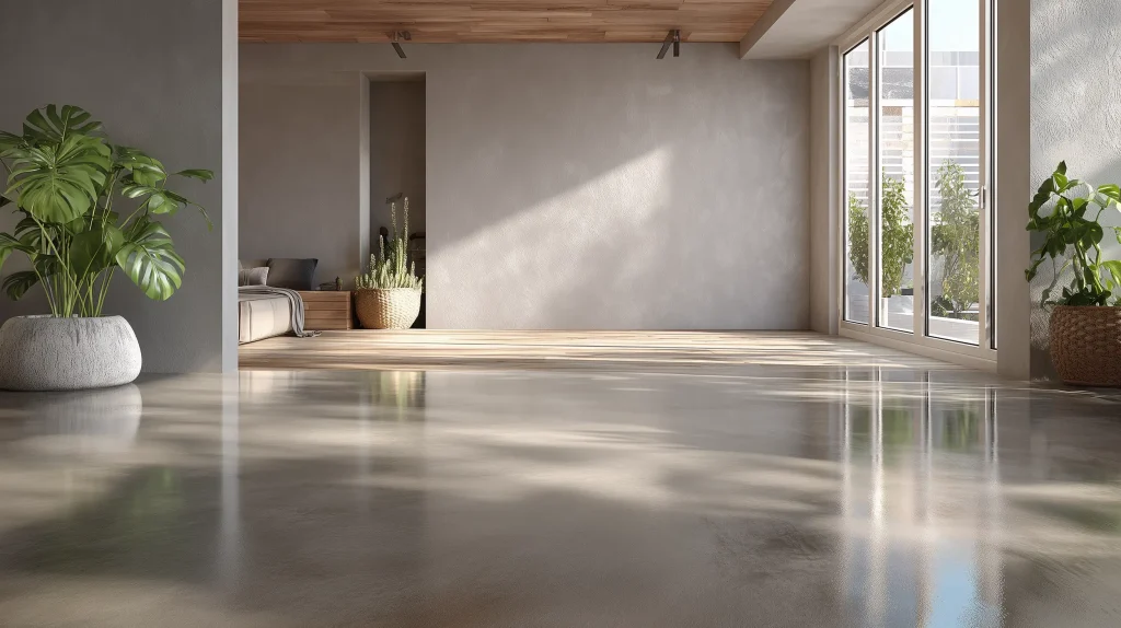 Smooth, reflective liquid flowing screed floor in a bright, modern open-plan living room