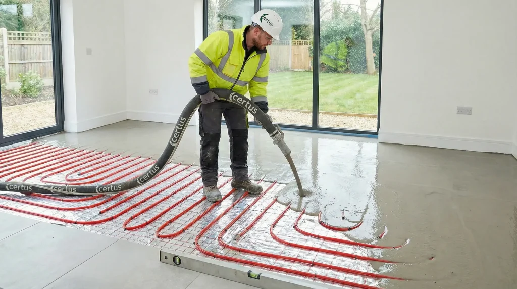 Pouring liquid flowing screed over red underfloor heating pipes on reflective insulation panels